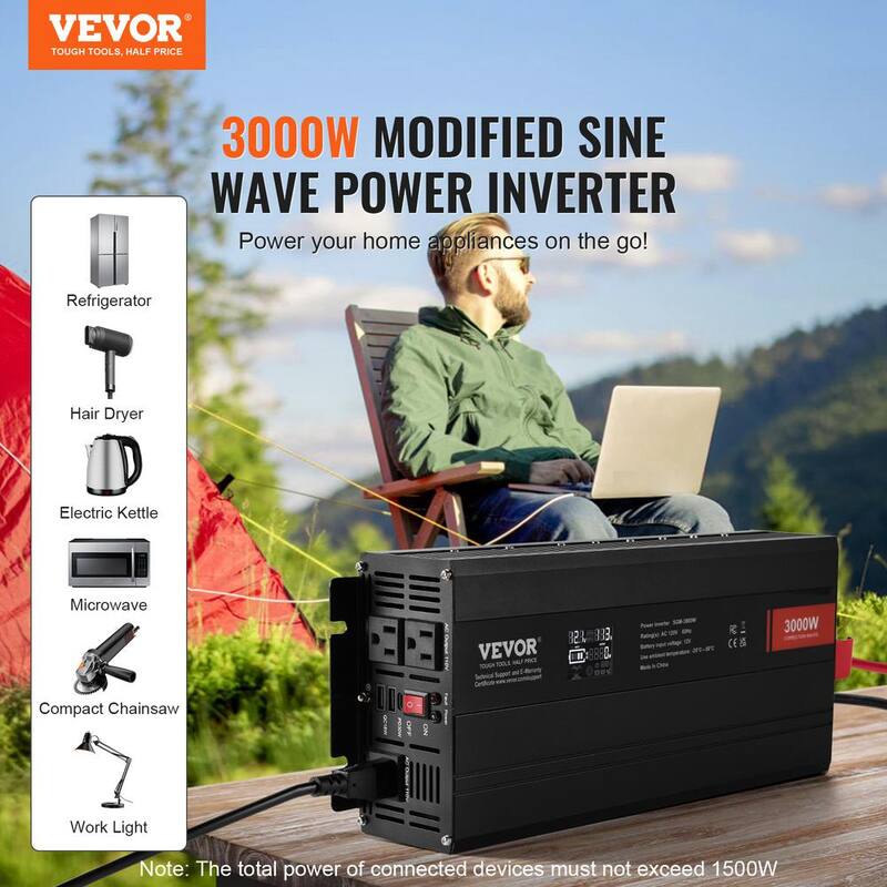 VEVOR Modified Sine Wave Inverter, 3000Watt LCD Display, 3 AC Outlets 2 USB Port 1 Type-C Port 10 Spare Fuses - XZXNBQ3000WX61GMMV1-0730