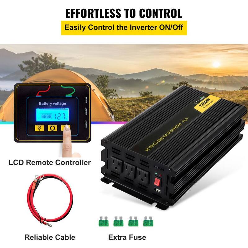 VEVOR 1250- Watt Car Power Converter Modified Sine Wave Inverter with LCD Remote Controller LED Indicator AC Outlets Invert - ZX1250-12-120E0OCV9