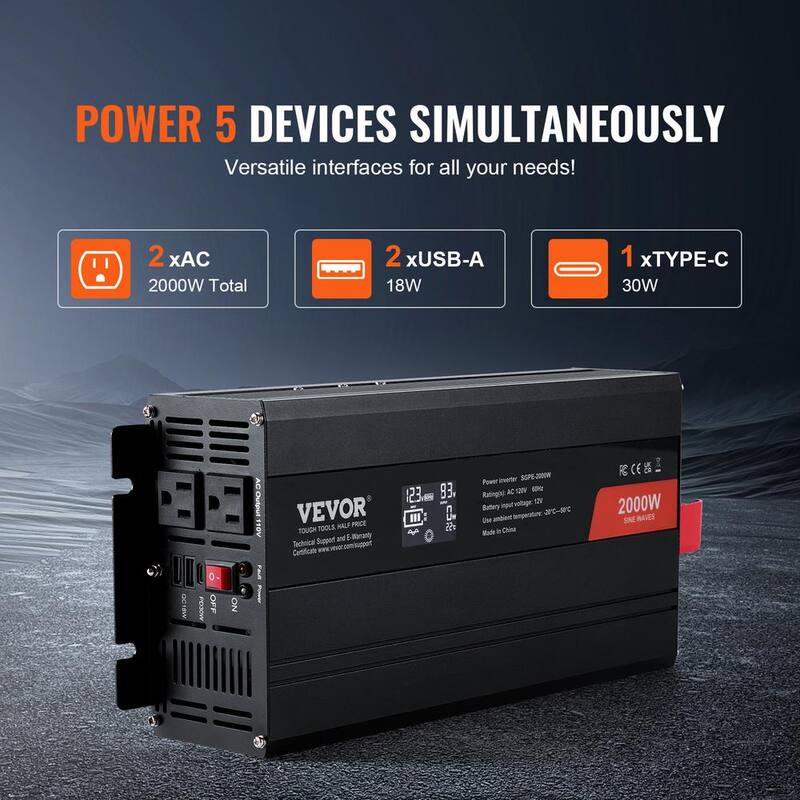 VEVOR Pure Sine Wave Inverter 2000-Watt DC 12-Volt to AC 120-Volt Power with 2 AC Outlets 2 USB Port 1 Type-C Port LCD Display - CZXNBQ2000WCCZFLRV1-0730
