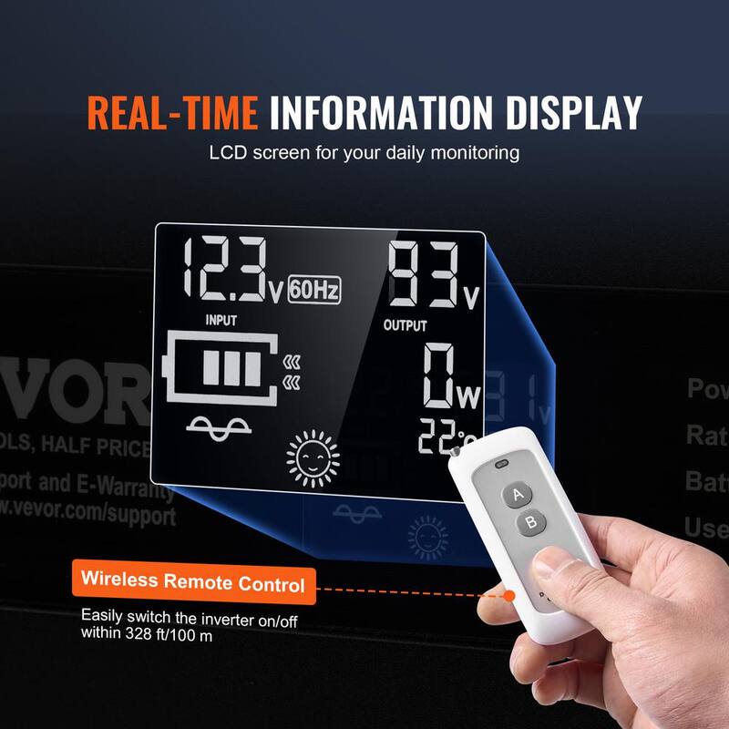 VEVOR Pure Sine Wave Inverter 2000-Watt DC 12-Volt to AC 120-Volt Power with 2 AC Outlets 2 USB Port 1 Type-C Port LCD Display - CZXNBQ2000WCCZFLRV1-0730
