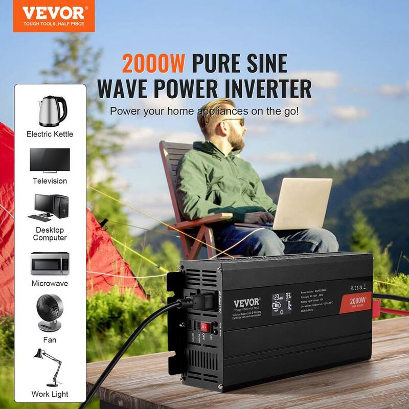 VEVOR Pure Sine Wave Inverter 2000-Watt DC 12-Volt to AC 120-Volt Power with 2 AC Outlets 2 USB Port 1 Type-C Port LCD Display - CZXNBQ2000WCCZFLRV1-0730