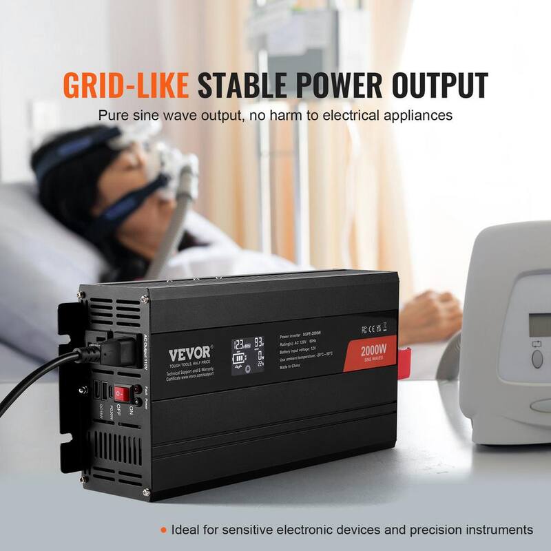VEVOR Pure Sine Wave Inverter 2000-Watt DC 12-Volt to AC 120-Volt Power with 2 AC Outlets 2 USB Port 1 Type-C Port LCD Display - CZXNBQ2000WCCZFLRV1-0730