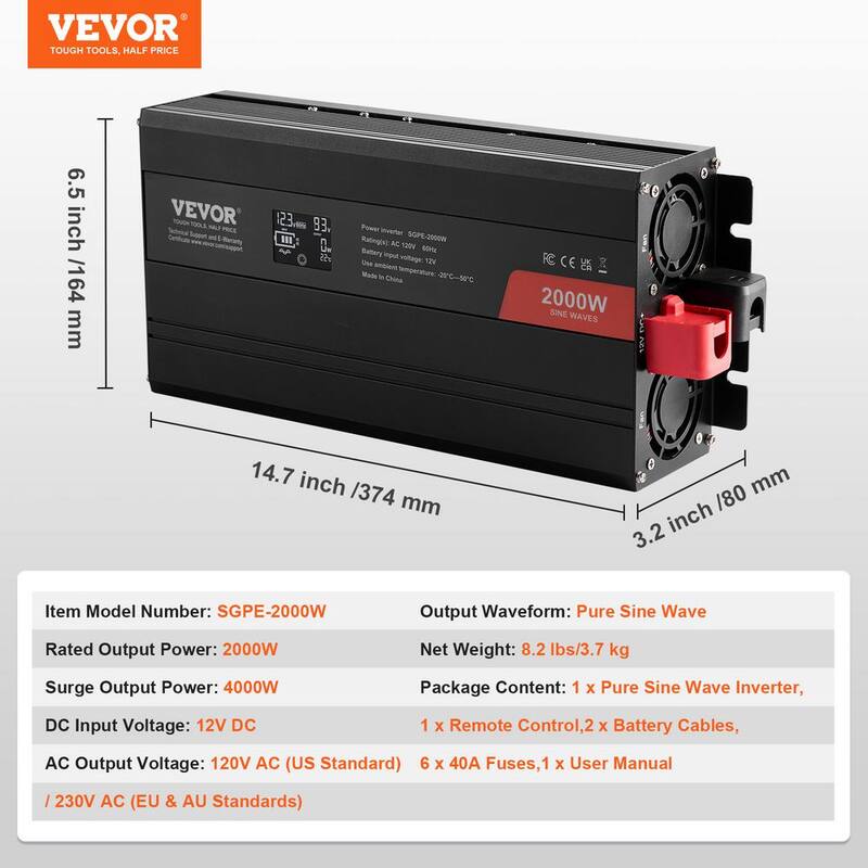 VEVOR Pure Sine Wave Inverter 2000-Watt DC 12-Volt to AC 120-Volt Power with 2 AC Outlets 2 USB Port 1 Type-C Port LCD Display - CZXNBQ2000WCCZFLRV1-0730