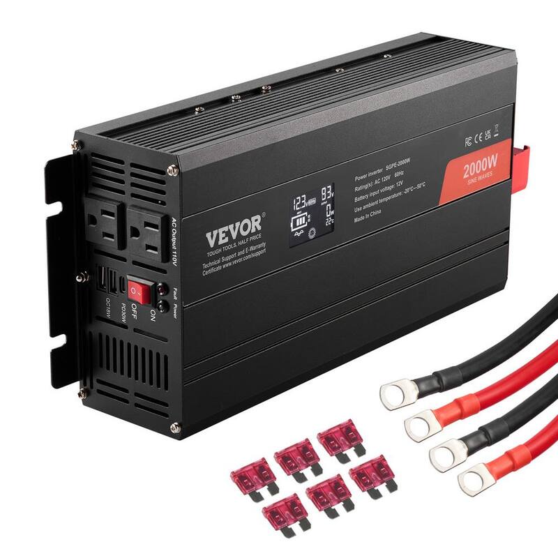VEVOR Pure Sine Wave Inverter 2000-Watt DC 12-Volt to AC 120-Volt Power with 2 AC Outlets 2 USB Port 1 Type-C Port LCD Display - CZXNBQ2000WCCZFLRV1-0730