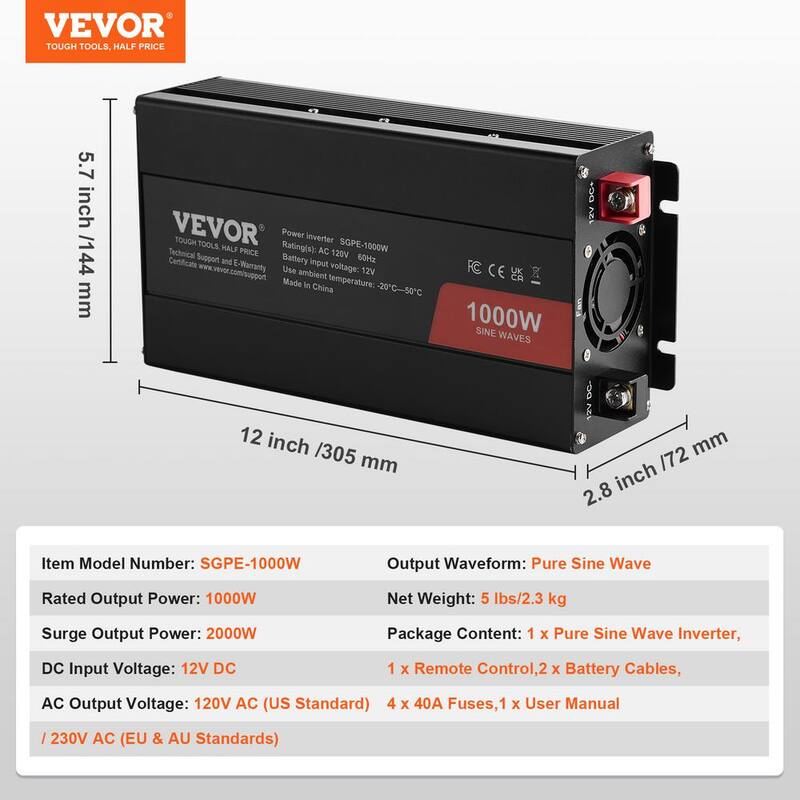 VEVOR Sine Wave Converter 1000-Watt DC 12-Volt to AC 120-Volt with Dual AC Sockets 2 USB 1 Type-C Remote Operation - CZXNBQ1000WCYX1HDV1-0730