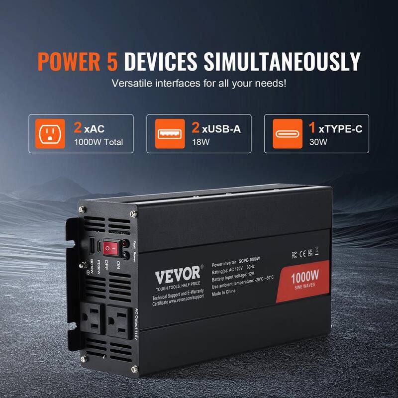 VEVOR Sine Wave Converter 1000-Watt DC 12-Volt to AC 120-Volt with Dual AC Sockets 2 USB 1 Type-C Remote Operation - CZXNBQ1000WCYX1HDV1-0730