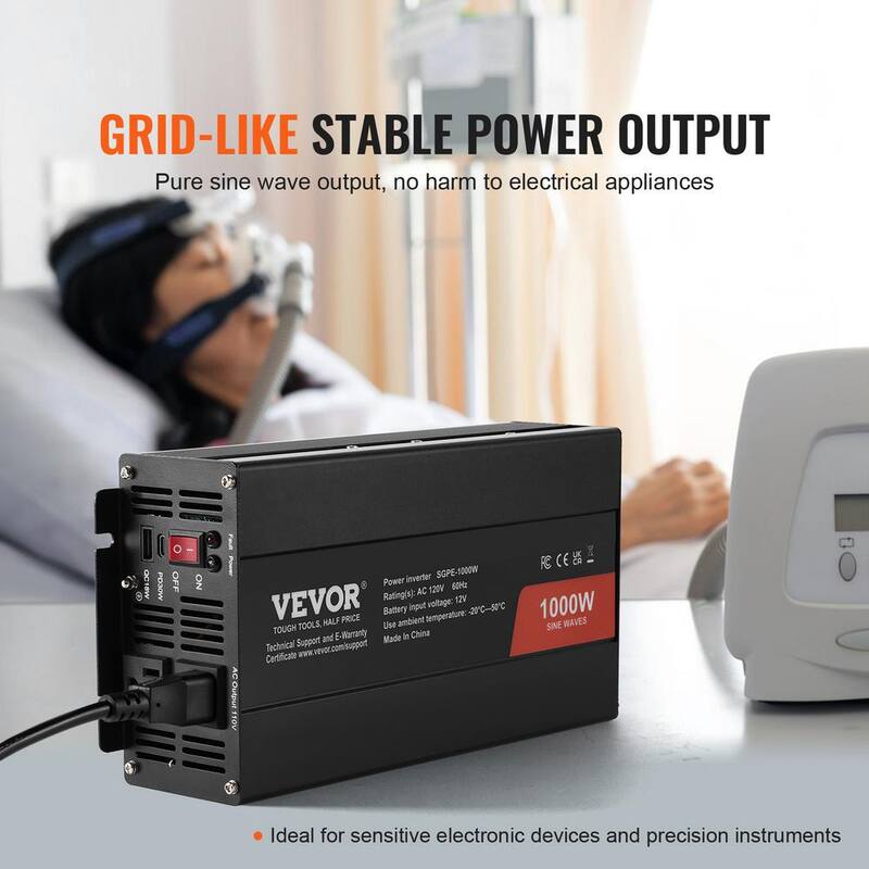 VEVOR Sine Wave Converter 1000-Watt DC 12-Volt to AC 120-Volt with Dual AC Sockets 2 USB 1 Type-C Remote Operation - CZXNBQ1000WCYX1HDV1-0730