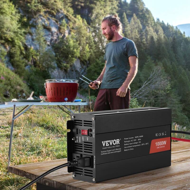VEVOR Sine Wave Converter 1000-Watt DC 12-Volt to AC 120-Volt with Dual AC Sockets 2 USB 1 Type-C Remote Operation - CZXNBQ1000WCYX1HDV1-0730