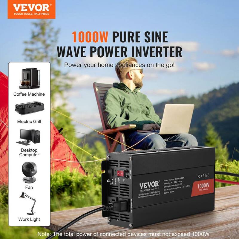 VEVOR Sine Wave Converter 1000-Watt DC 12-Volt to AC 120-Volt with Dual AC Sockets 2 USB 1 Type-C Remote Operation - CZXNBQ1000WCYX1HDV1-0730