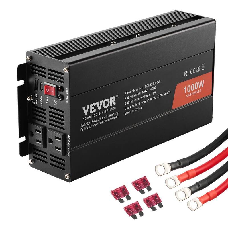 VEVOR Sine Wave Converter 1000-Watt DC 12-Volt to AC 120-Volt with Dual AC Sockets 2 USB 1 Type-C Remote Operation - CZXNBQ1000WCYX1HDV1-0730