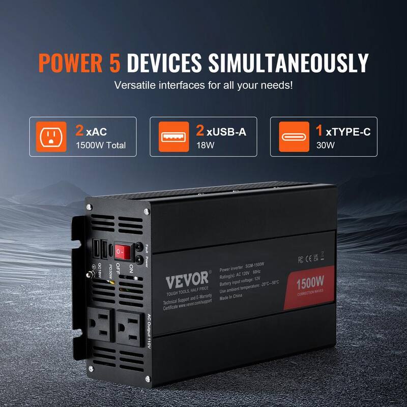 VEVOR Modified Sine Wave Inverter,1,500W,DC 12V to AC 120V, 2 AC Outlets 2 USB Port 1 Type-C Port 6 Spare Fuses,Home Devices - XZXNBQ1500WXVJUOWV1-0730