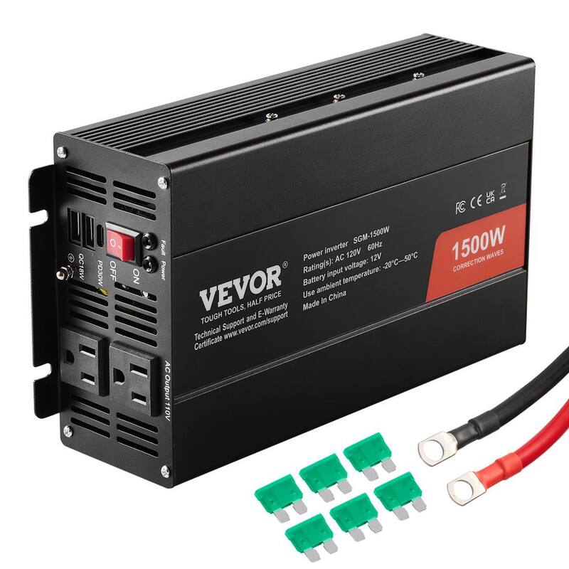 VEVOR Modified Sine Wave Inverter,1,500W,DC 12V to AC 120V, 2 AC Outlets 2 USB Port 1 Type-C Port 6 Spare Fuses,Home Devices - XZXNBQ1500WXVJUOWV1-0730