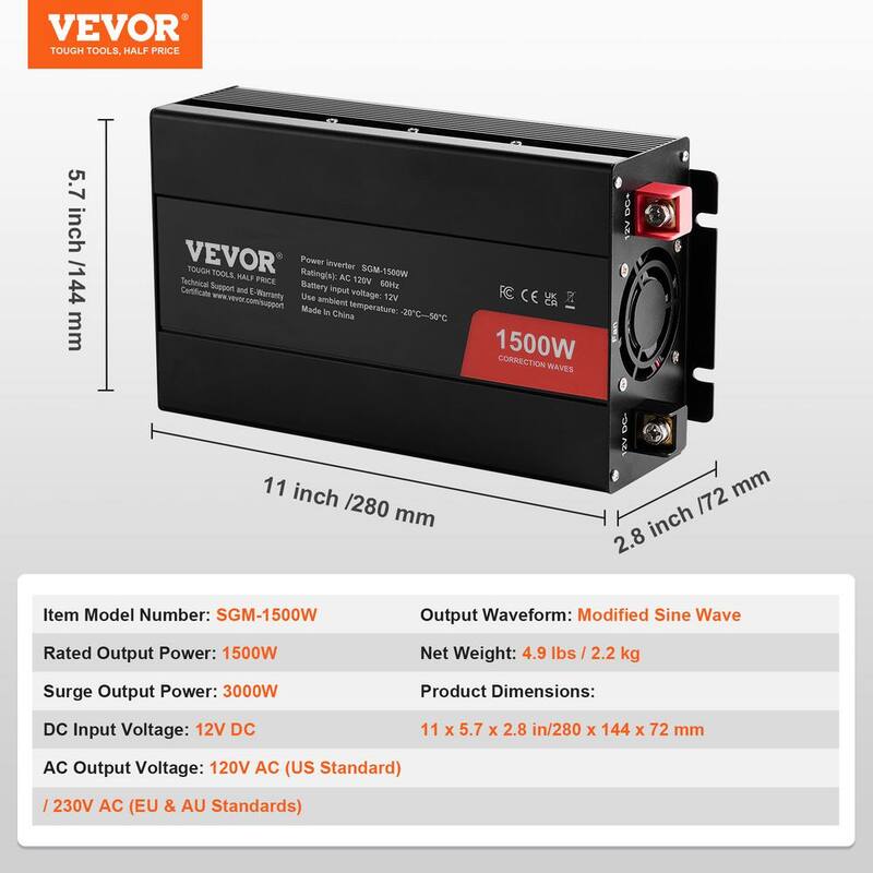 VEVOR Modified Sine Wave Inverter,1,500W,DC 12V to AC 120V, 2 AC Outlets 2 USB Port 1 Type-C Port 6 Spare Fuses,Home Devices - XZXNBQ1500WXVJUOWV1-0730