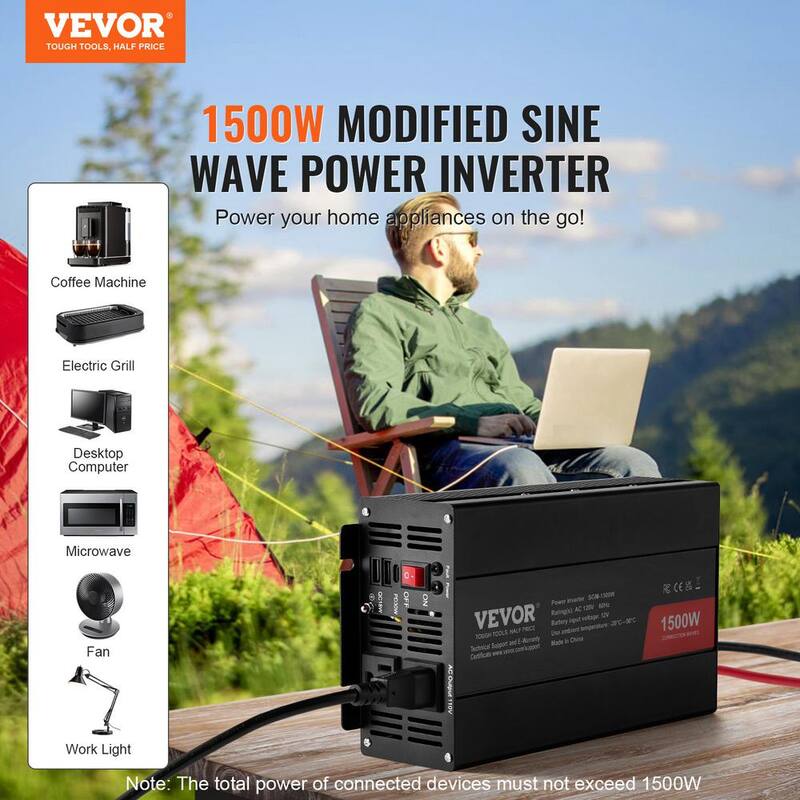 VEVOR Modified Sine Wave Inverter,1,500W,DC 12V to AC 120V, 2 AC Outlets 2 USB Port 1 Type-C Port 6 Spare Fuses,Home Devices - XZXNBQ1500WXVJUOWV1-0730