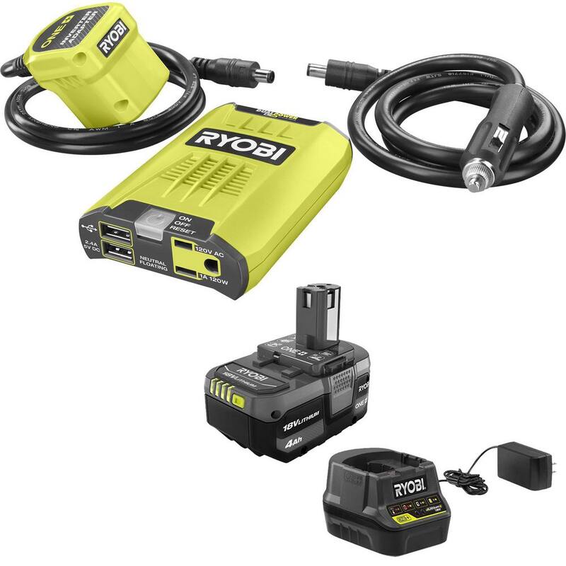 RYOBI ONE Plus 18-Volt 120-Watt 12-Volt Automotive Power Inverter with Dual USB Ports - 4.0 Ah Battery and Charger - RYi120A-BK