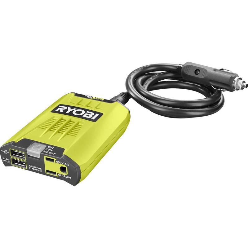 RYOBI ONE Plus 18-Volt 120-Watt 12-Volt Automotive Power Inverter with Dual USB Ports - 4.0 Ah Battery and Charger - RYi120A-BK