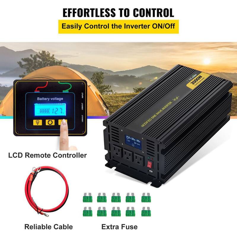 VEVOR Car Power Converter 2000-Watt Modified Sine Wave Inverter DC 24-Volt to AC 120-Volt with LCD Display Remote Controller - ZNB2KW-24-120Y3B5V9