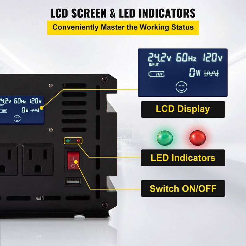 VEVOR Car Power Converter 2000-Watt Modified Sine Wave Inverter DC 24-Volt to AC 120-Volt with LCD Display Remote Controller - ZNB2KW-24-120Y3B5V9