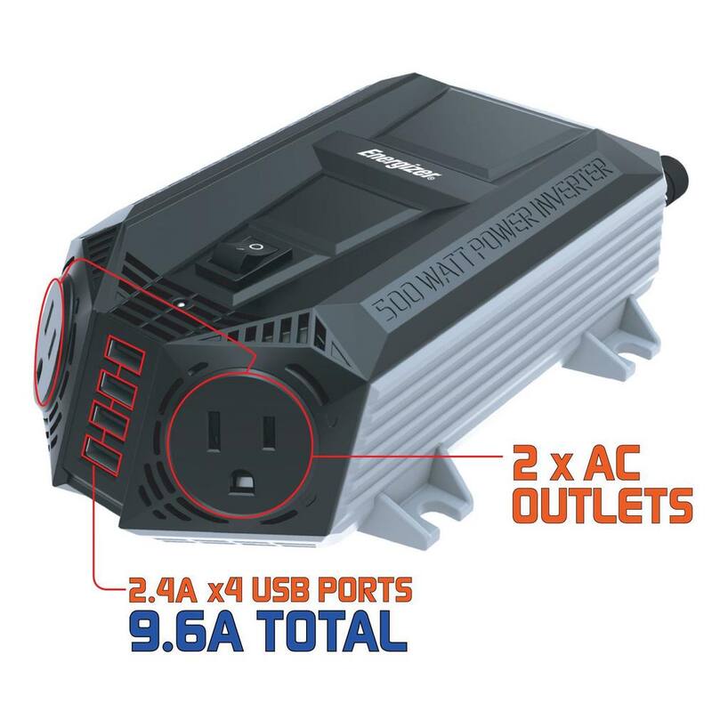 Energizer EN548 500-Watt Power Inverter 12V DC to AC Plus 4 x 2.4A USB charging ports Total 9.6 Amps - EN548