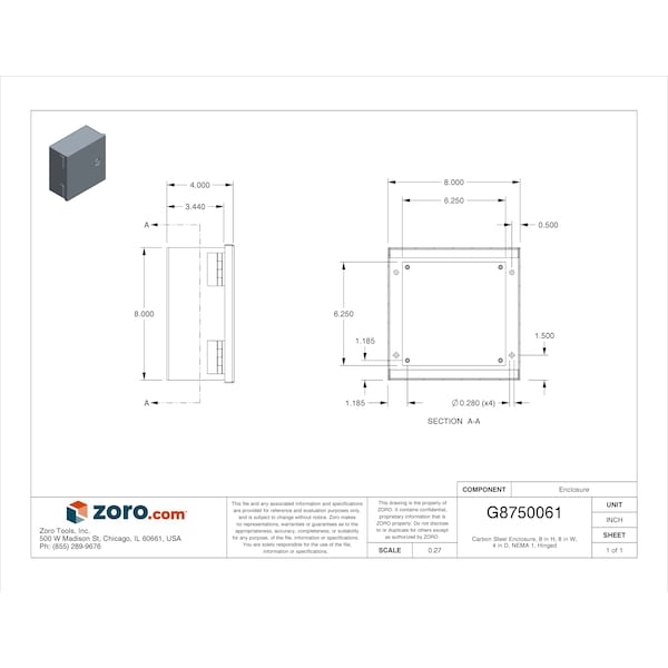 Nvent Hoffman Steel Electrical Enclosures, 8 in H, 4 in D, 8 in W, NEMA 1, Hinged - A8N84
