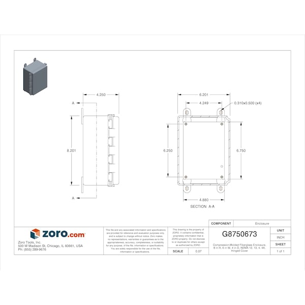 Nvent Hoffman Fiberglass Electrical Enclosures, 8 in H, 4 in D, 6 in W, NEMA 4X, Hinged - A864CHQRFG