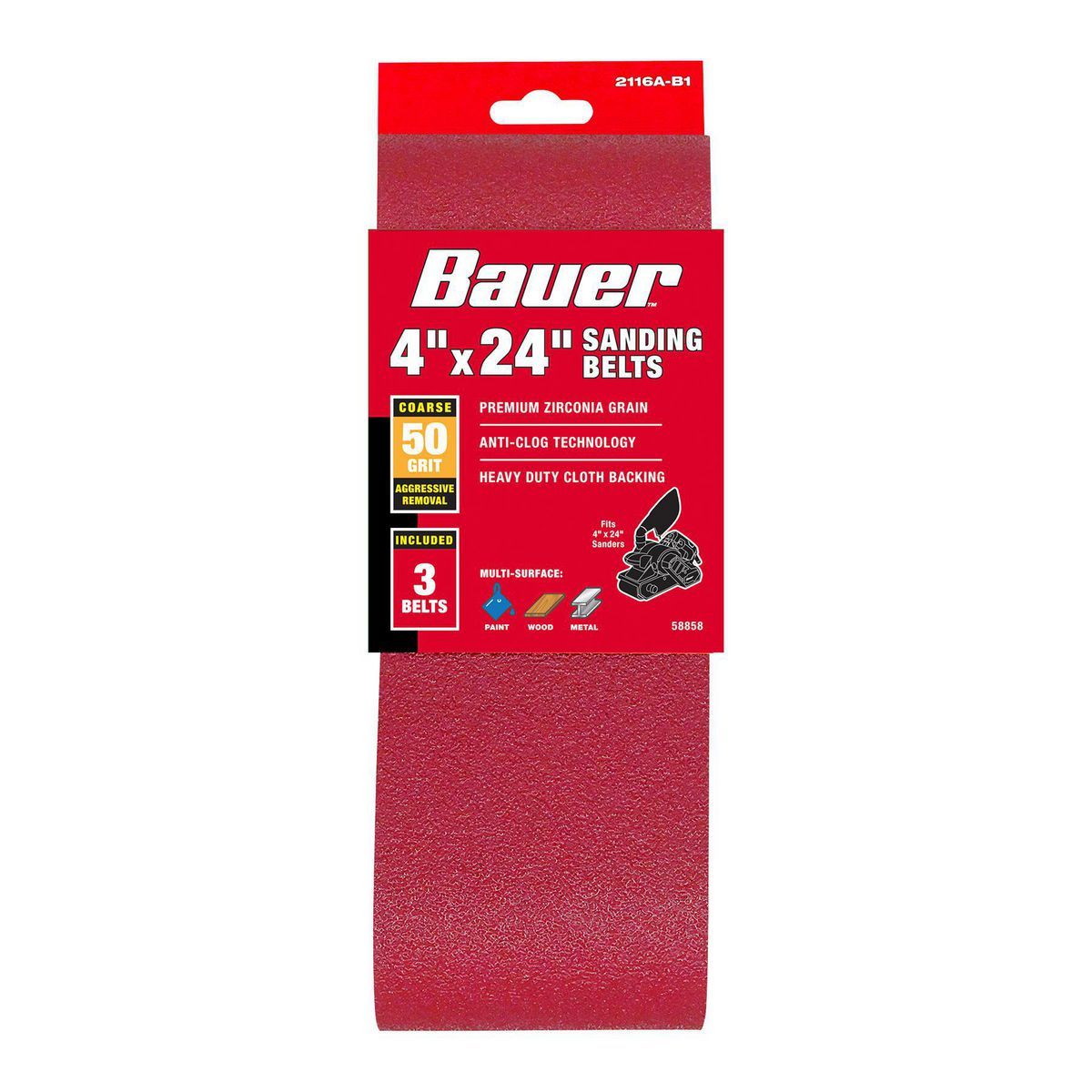 Bauer 4 pulgadas x 24 pulgadas, bandas de lija de grano 50 con zirconio aluminio, paquete de 3 - 58858