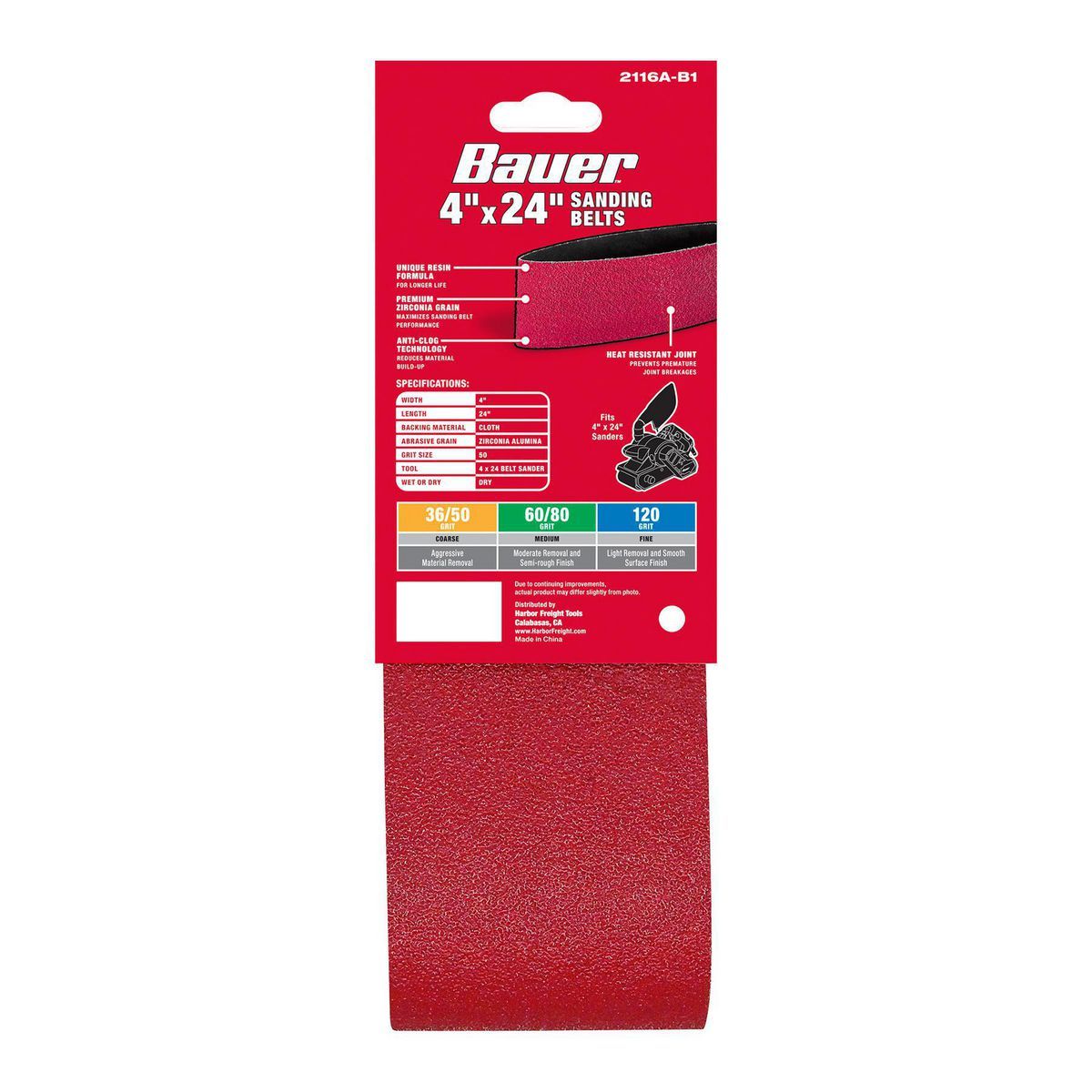 Bauer 4 pulgadas x 24 pulgadas, bandas de lija de grano 50 con zirconio aluminio, paquete de 3 - 58858