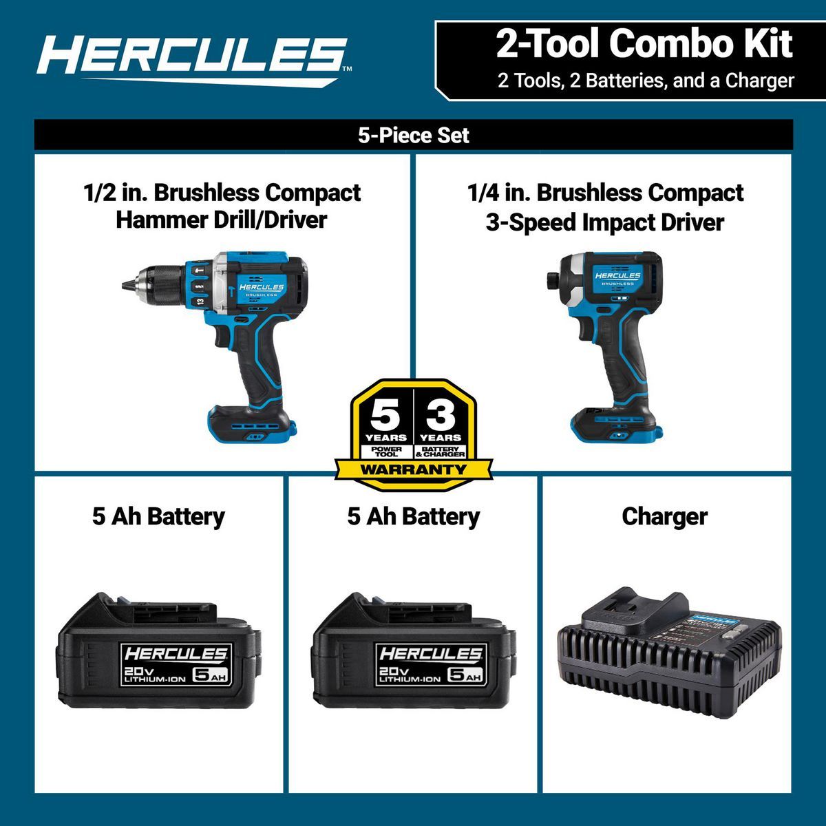 Kit combo de 2 herramientas Hercules 20V Brushless Cordless Hammer Drill and Impact Driver con (2) baterías de 5 Ah y cargador - 71291