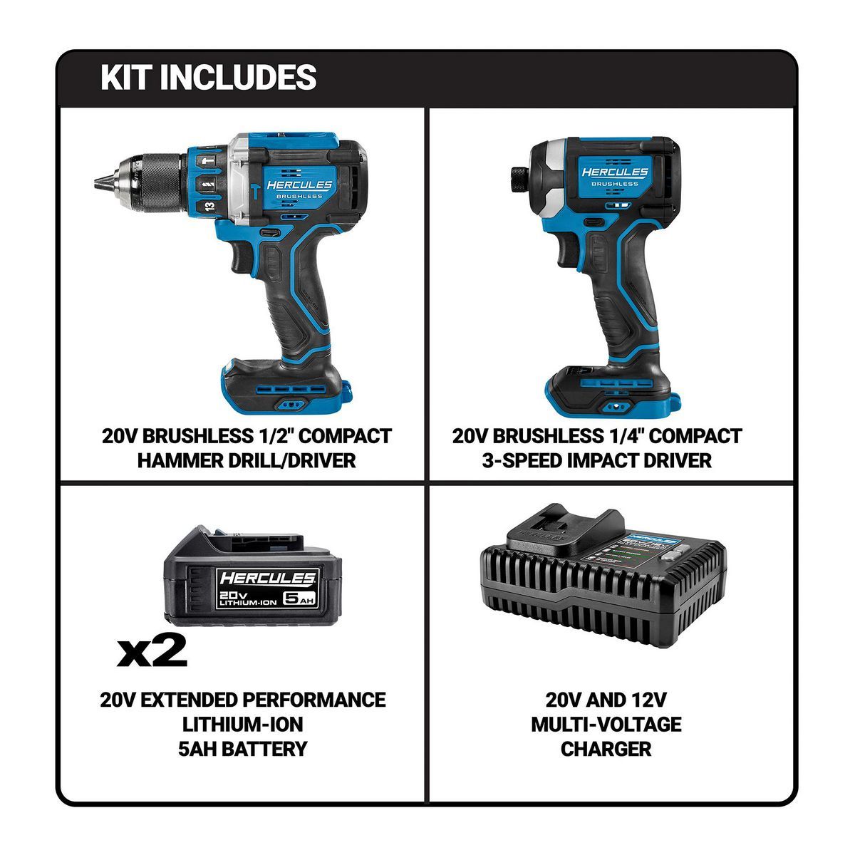Kit combo de 2 herramientas Hercules 20V Brushless Cordless Hammer Drill and Impact Driver con (2) baterías de 5 Ah y cargador - 71291