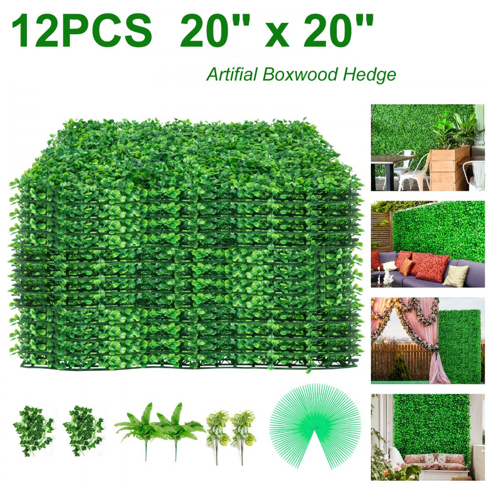 VEVOR Artificial Boxwood Panels, 12 PCS 20"x20" Boxwood Hedge Wall Panels, PE Artificial Grass Backdrop Wall 1.6", Privacy Hedge Screen for Decoration of Outdoor, Indoor, Garden, Fence, and Backyard - AQFSYCGTYSW246OI9V0
