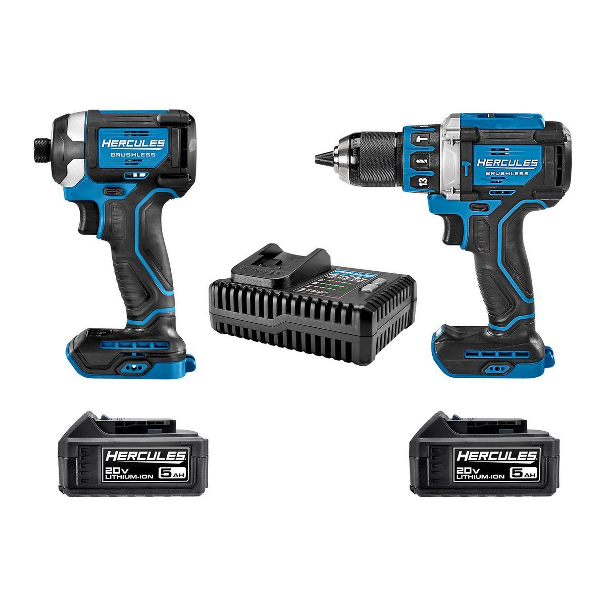 Kit combo de 2 herramientas Hercules 20V Brushless Cordless Hammer Drill and Impact Driver con (2) baterías de 5 Ah y cargador - 71291