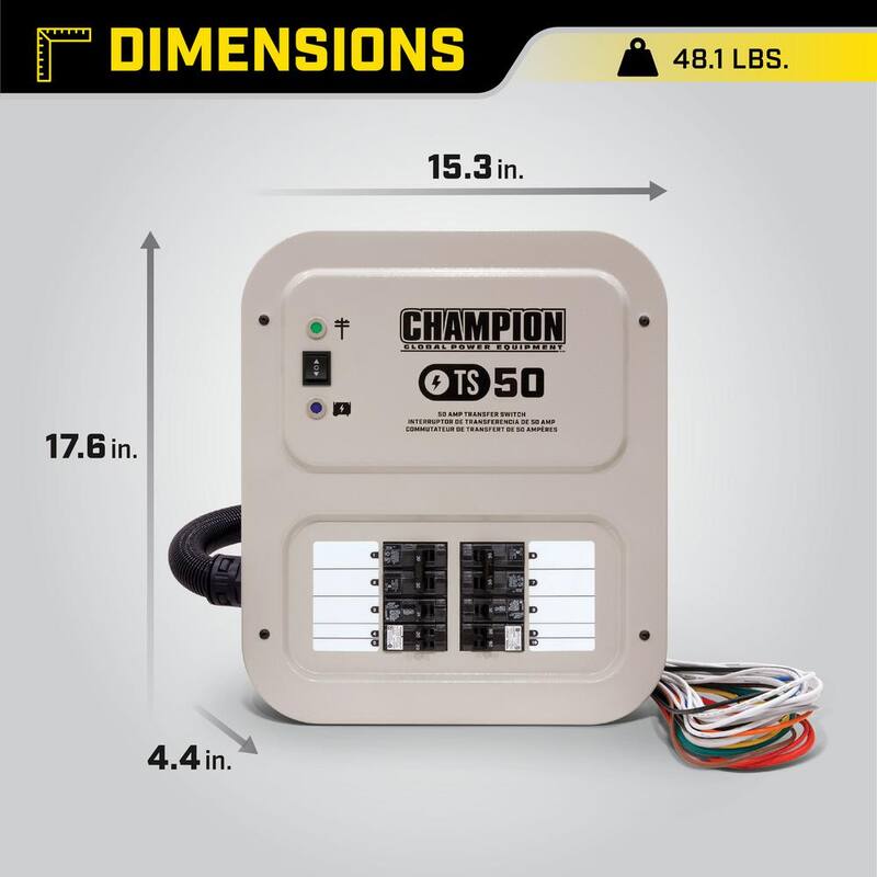 Champion Power Equipment 50 Amp 10 Circuit Manual Transfer Switch with 30 ft. Generator Power Cord - 201193