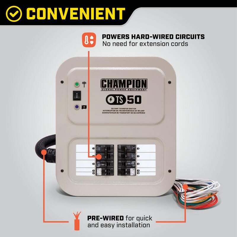 Champion Power Equipment 50 Amp 10 Circuit Manual Transfer Switch with 30 ft. Generator Power Cord - 201193