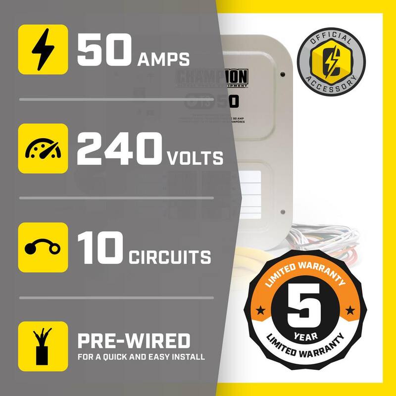 Champion Power Equipment 50 Amp 10 Circuit Manual Transfer Switch with 30 ft. Generator Power Cord - 201193