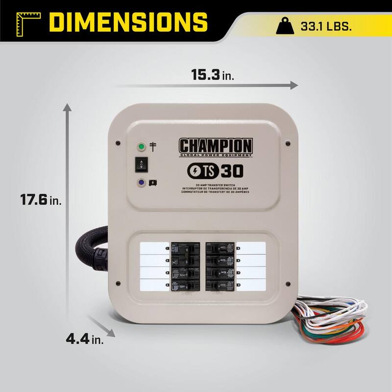 Champion Power Equipment 30 Amp 8 Circuit Manual Transfer Switch with 25 ft. Generator Power Cord - 201192