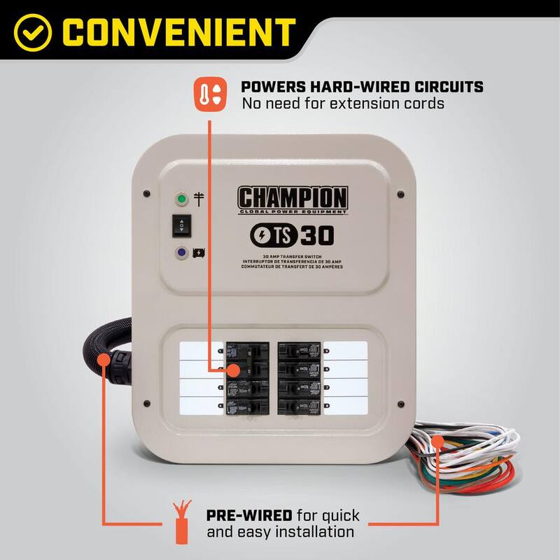 Champion Power Equipment 30 Amp 8 Circuit Manual Transfer Switch with 25 ft. Generator Power Cord - 201192