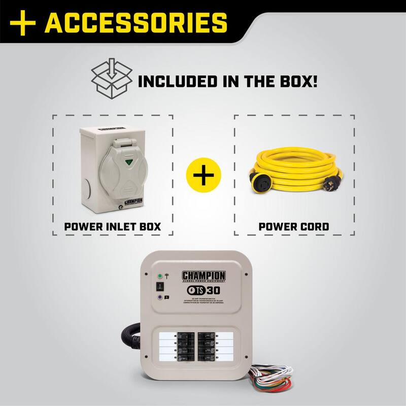 Champion Power Equipment 30 Amp 8 Circuit Manual Transfer Switch with 25 ft. Generator Power Cord - 201192
