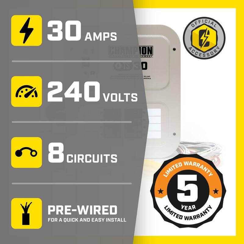 Champion Power Equipment 30 Amp 8 Circuit Manual Transfer Switch with 25 ft. Generator Power Cord - 201192