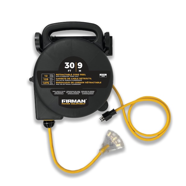 Firman Retractable Cord Reel 30 Foot Cord With Three Receptacles - 2035