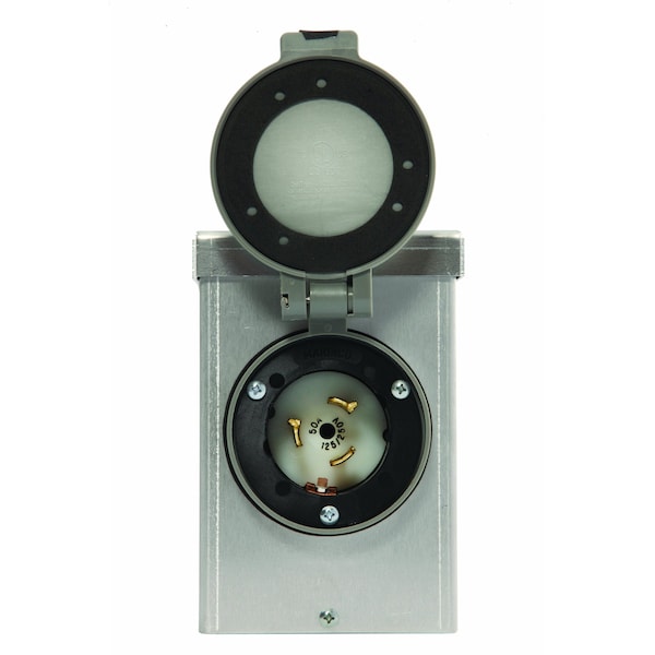 Generac 50 Amp Power Inlet Box, 125/250V, aluminum, NEMA CS6365 with spring-loaded flip lid on front - 6347