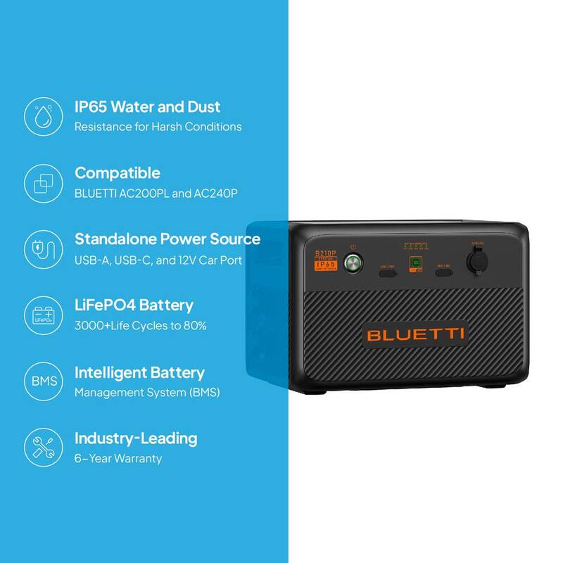 BLUETTI 2150Wh LiFePO4 Expansion Battery Paired up to 4 with AC240P/AC200PL, DC Power Source with 100-Watt USB-C, Outdoor Use - B210P-US-GY-BL-THDUS