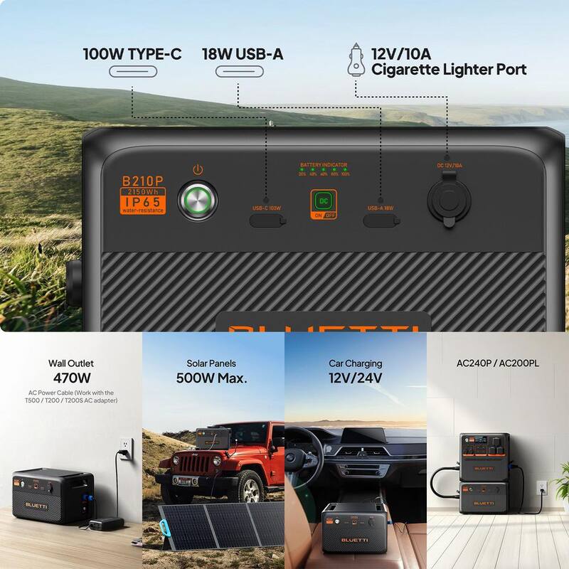 BLUETTI 2150Wh LiFePO4 Expansion Battery Paired up to 4 with AC240P/AC200PL, DC Power Source with 100-Watt USB-C, Outdoor Use - B210P-US-GY-BL-THDUS
