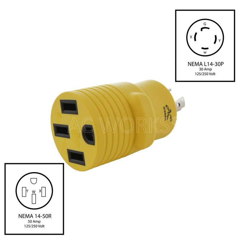AC WORKS Locking Adapter NEMA L14-30P 30 Amp 125/250-Volt 4-Prong Locking Plug to 50 Amp Straight Blade RV/EV/Range Connector - RVL14301450