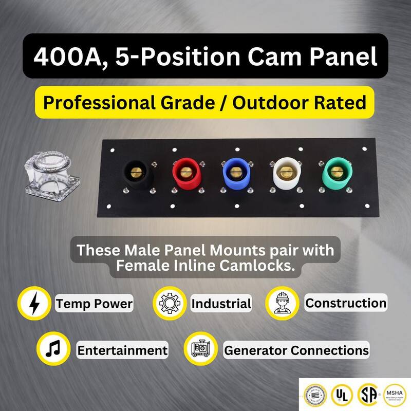 POWER ASSEMBLIES 400 Amp 120/208-Volt Aluminum Series 16 Male Camlock Panel with Caps and Double Set Screws 2/0-4/0 AWG - PAPNL04AL9DMCL4