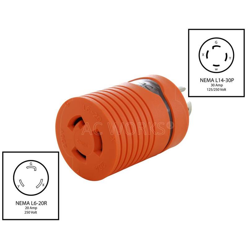AC WORKS Locking Adapter NEMA L14-30P 30Amp 125/250Volt 4Prong Locking Plug to L6-20R 3Prong 20Amp 250Volt Locking Female - ADL1430L620
