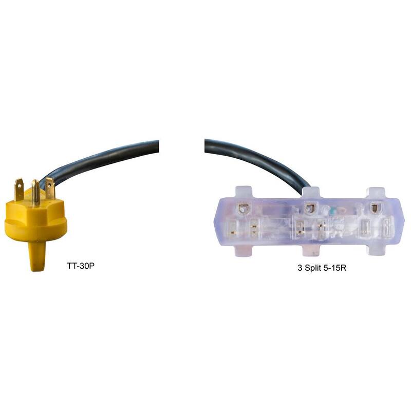 Sportsman 25 ft. RV Camper Extension Cord with Male TT-30P 30 Amp Plug to 3-Split 5-15R Outlets - 807431