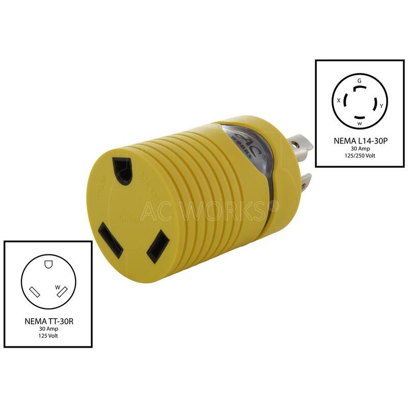 AC WORKS RV Generator Adapter NEMA L14-30P 30 Amp 125-Volt/250-Volt 4-Prong Locking Plug to RV TT-30R 30 Amp RV Female Connector - RVL1430TT