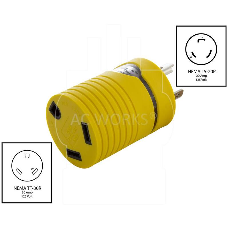 AC WORKS RV Generator Adapter L5-20P 20 Amp 3-Prong Locking Plug to RV 30 Amp TT-30R Connector - RVL520TT