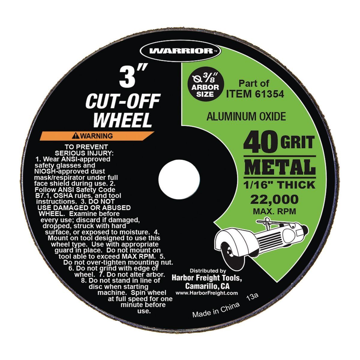 Ruedas de corte de metal Warrior de 3 pulgadas x 1/16 pulgadas x 3/8 pulgadas, paquete de 10 - 61354