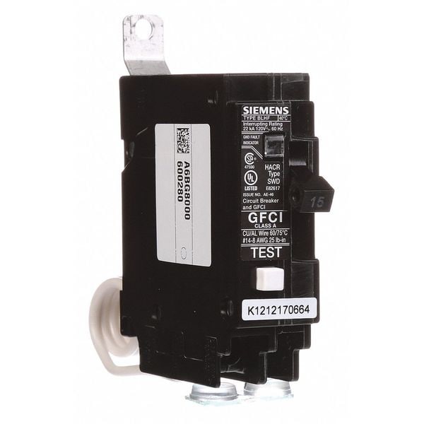 Siemens Miniature Circuit Breaker, BFH Series, 15A, 1 Pole, 120V AC, 22kA at 120V AC - BF115H